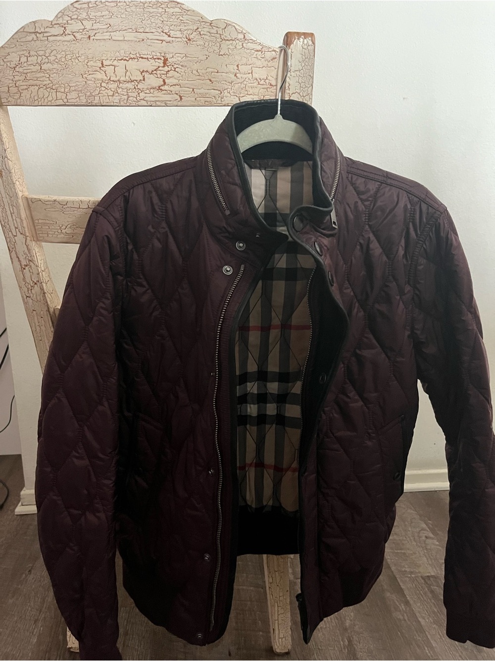 Burberry Quilted Maroon Bomber Jacket with Signature Check Lining